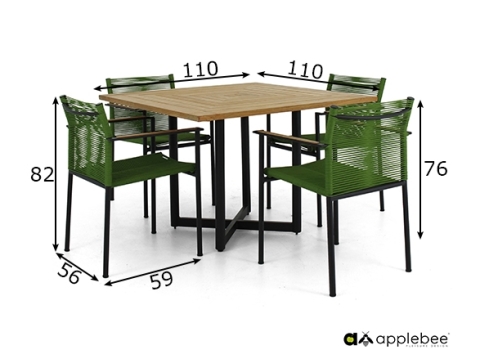 Aiamööbli komplekt Apple Bee JAKARTA mattmust / roheline, 4 tooli + laud