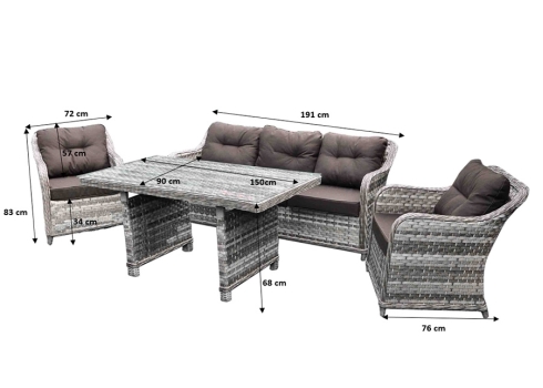 Aiamööbli komplekt Bello Giardino DIVINO hall, 2 tugitooli + diivan + laud