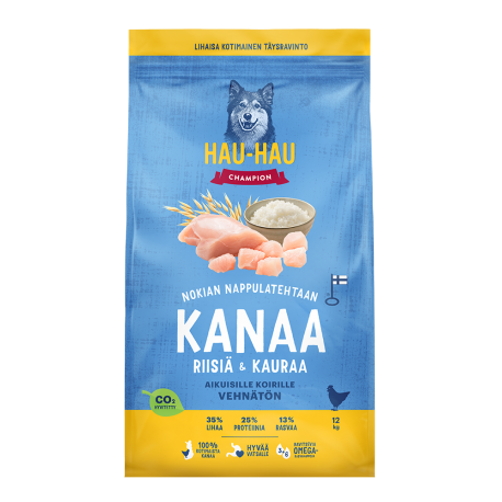 Hau-Hau Championi kana, riis ja kaer on koerte nisuvaba kuivtoit. Hau-Hau Championi kana, riis ja kaer on koerte nisuvaba kuivtoit.