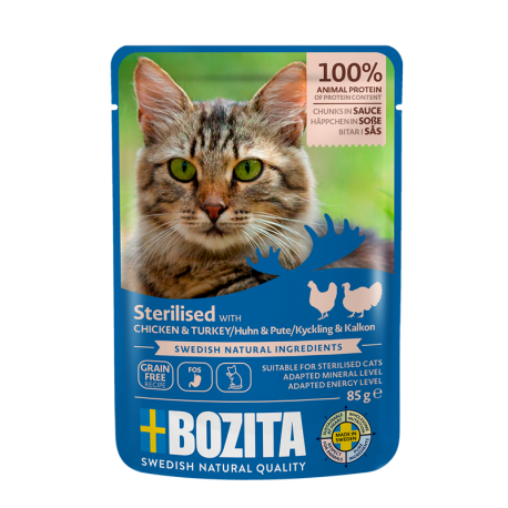 BOZITA Indoor & Sterilised kana ja kalkuni tükid kastmes 12x85g BOZITA Indoor & Sterilised kana ja kalkuni tükid kastmes 12x85g