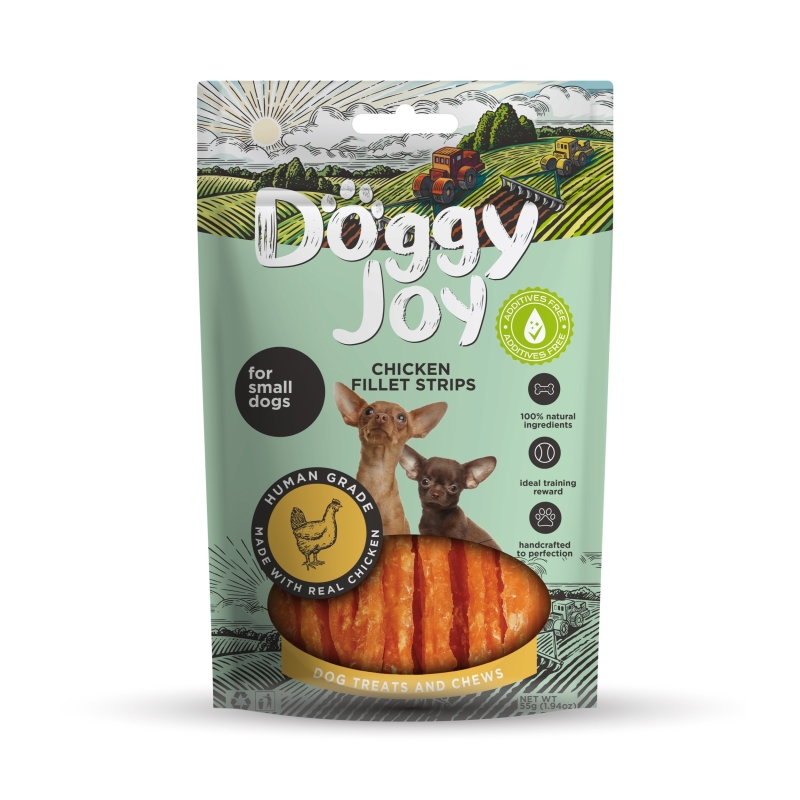 Doggy Joy chicken fillet strips närimismaiused koerale 55g Doggy Joy chicken fillet strips närimismaiused koerale 55g