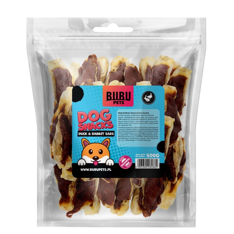 Bubu Pets koeramaius küülikukõrvad pardiga 500g Bubu Pets koeramaius küülikukõrvad pardiga 500g