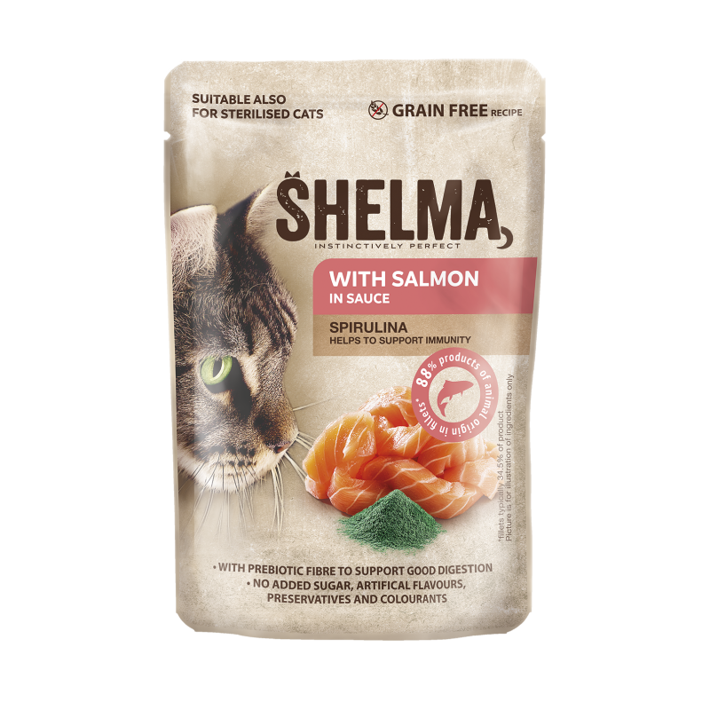 Shelma kassieine lõhefileed spirulinaga kastmes 28x85g Shelma kassieine lõhefileed spirulinaga kastmes 28x85g