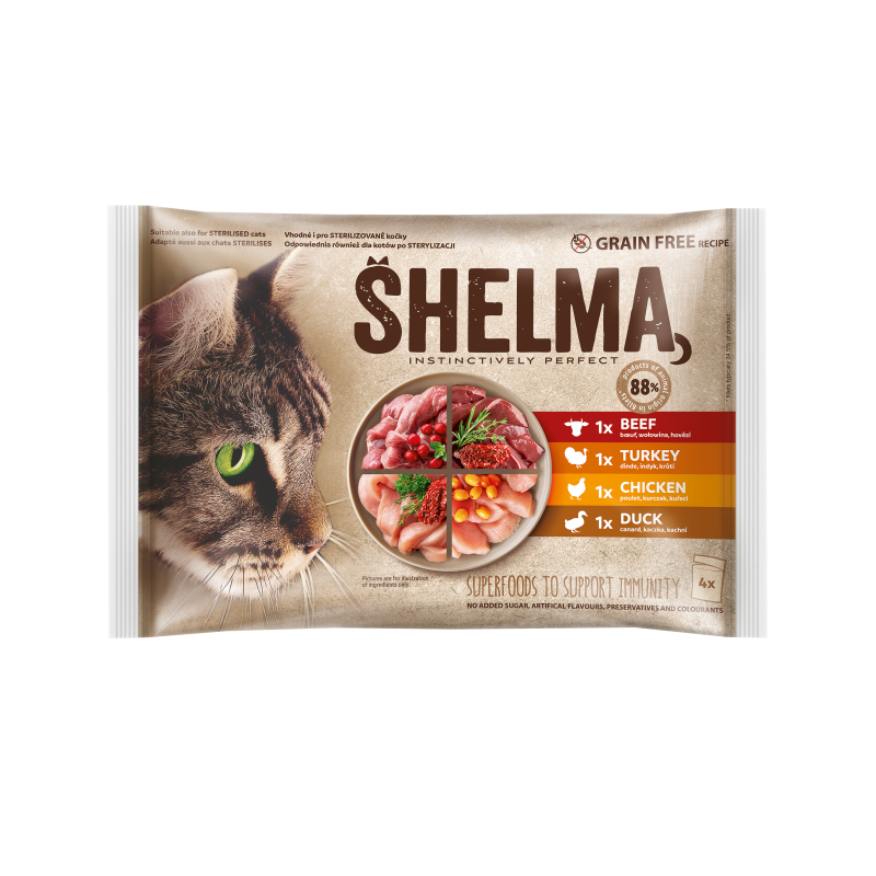 Shelma kassieined lihaga 4x85g veis, kana, part, kalkun kastmes Shelma kassieined lihaga 4x85g veis, kana, part, kalkun kastmes