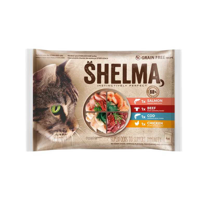 Shelma kassieined liha-kala 4x85g lõhe, tursk, veis, kana kastmes Shelma kassieined liha-kala 4x85g lõhe, tursk, veis, kana kastmes