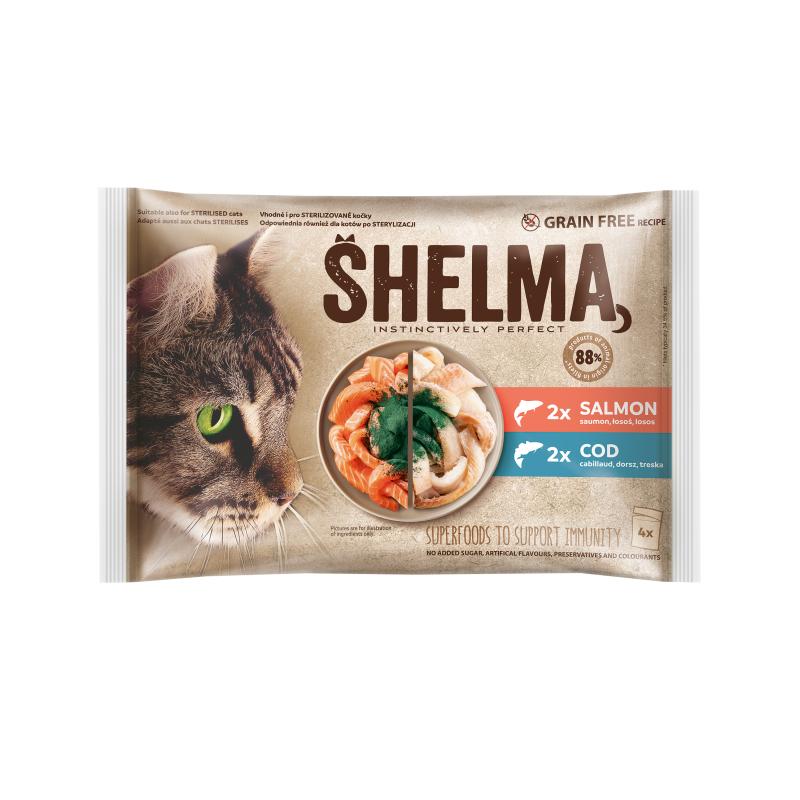 Shelma kassieined kala 4x85g lõhefileed, tursafileed spirulina kastmes Shelma kassieined kala 4x85g lõhefileed, tursafileed spirulina kastmes