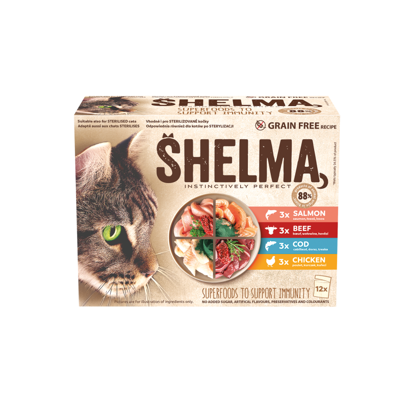 Shelma kassieined liha-kala 12x85g lõhe, tursk, veis, kana kastmes Shelma kassieined liha-kala 12x85g lõhe, tursk, veis, kana kastmes