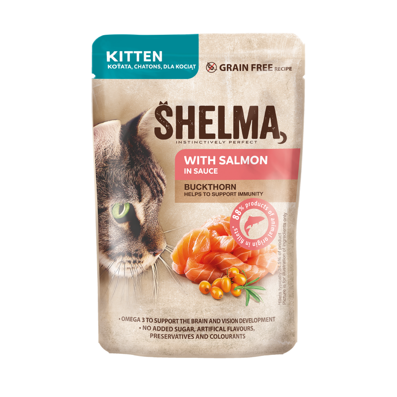 Shelma kassieine KITTEN lõhefileed astelpaju- ja linaseemneõliga kastmes 28x85g Shelma kassieine KITTEN lõhefileed astelpaju- ja linaseemneõliga kastmes 28x85g
