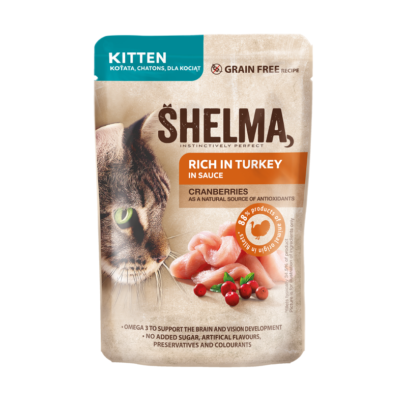 Shelma kassieine KITTEN kalkunifileed jõhvikatega kastmes 28x85g Shelma kassieine KITTEN kalkunifileed jõhvikatega kastmes 28x85g