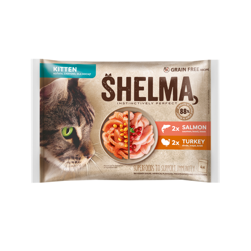 Shelma kassieined KITTEN 4x85g lõhefileed ja kalkunifileed kastmes Shelma kassieined KITTEN 4x85g lõhefileed ja kalkunifileed kastmes