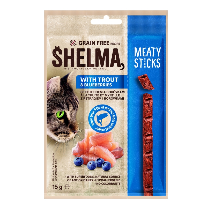 Shelma forelli ja mustikaga pulgad kassidele 15g Shelma forelli ja mustikaga pulgad kassidele 15g