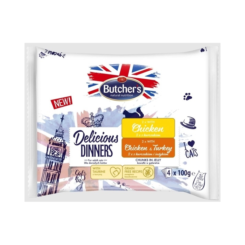 Butchers Delic.Dinner kassi einekotike kana ja kana-kalkun, 4x100g Butchers Delic.Dinner kassi einekotike kana ja kana-kalkun, 4x100g