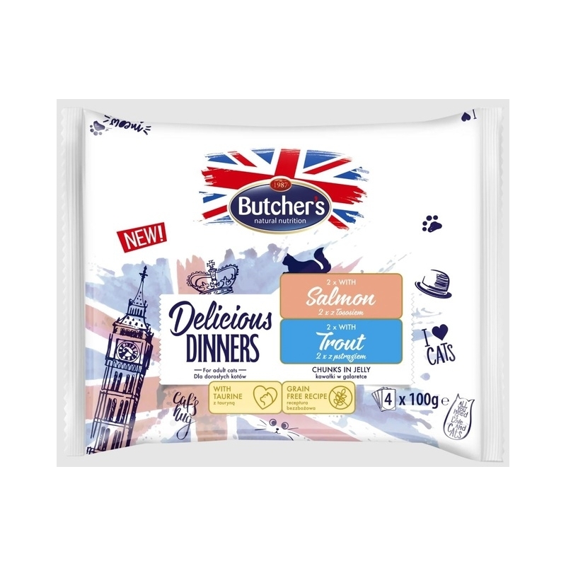 Butchers Delic. Dinner kassi einekotike lõhe-forell, 4x100g Butchers Delic. Dinner kassi einekotike lõhe-forell, 4x100g