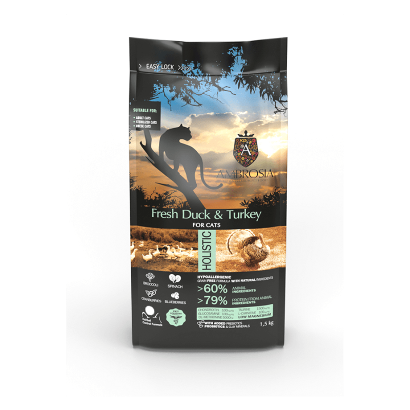 Ambrosia Teraviljavaba Värske Pardi ja Kalkunilihaga kassidele 3kg (2x1,5kg) Ambrosia Teraviljavaba Värske Pardi ja Kalkunilihaga kassidele 3kg (2x1,5kg)