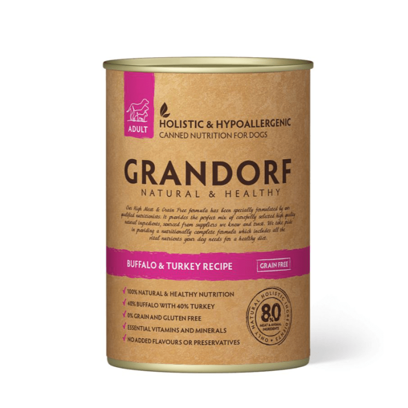 Grandorf Pühvli ja Kalkuniliha konserv koertele 400g Grandorf Pühvli ja Kalkuniliha konserv koertele 400g