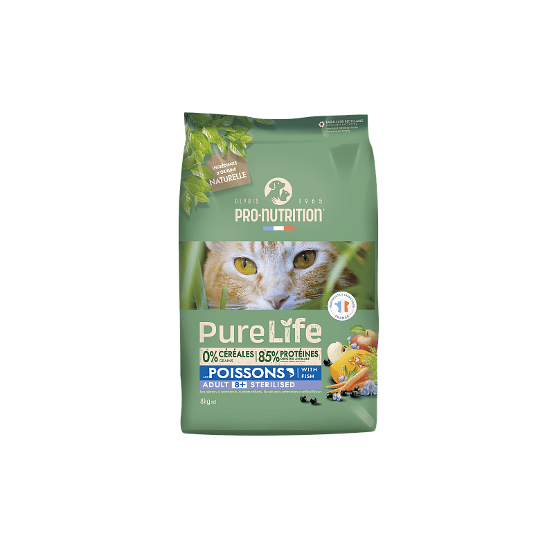 Pure Life Cat Sterilized 8+ Pardiliha ja Valge kalaga Eakatele kassidele 8kg 4x2kg Pure Life Cat Sterilized 8+ Pardiliha ja Valge kalaga Eakatele kassidele 8kg 4x2kg