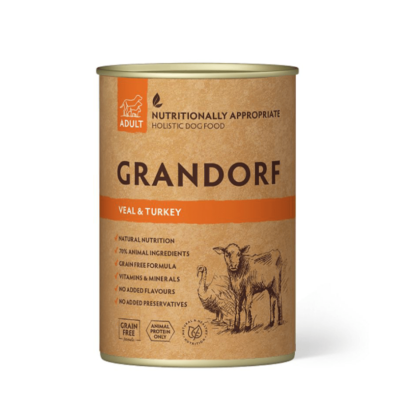 Grandorf Vasika- ja Kalkuniliha konserv Koertele 6x400g Grandorf Vasika- ja Kalkuniliha konserv Koertele 6x400g