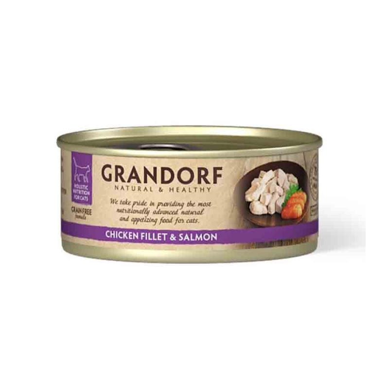 Grandorf Kana Rinnafilee ja Lõhe konserv kassidele 6x70g Grandorf Kana Rinnafilee ja Lõhe konserv kassidele 6x70g