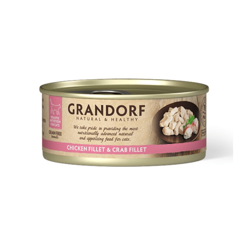 Grandorf Kana Rinnafilee ja Krabifilee konserv kassidele 6x70g Grandorf Kana Rinnafilee ja Krabifilee konserv kassidele 6x70g