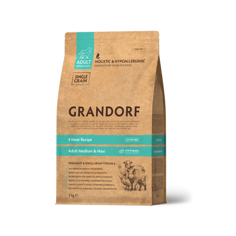 Grandorf 4 lihaga Täiskasvanud Keskmistele ja Suurtele Koertele 6kg (2x3kg) Grandorf 4 lihaga Täiskasvanud Keskmistele ja Suurtele Koertele 6kg (2x3kg)