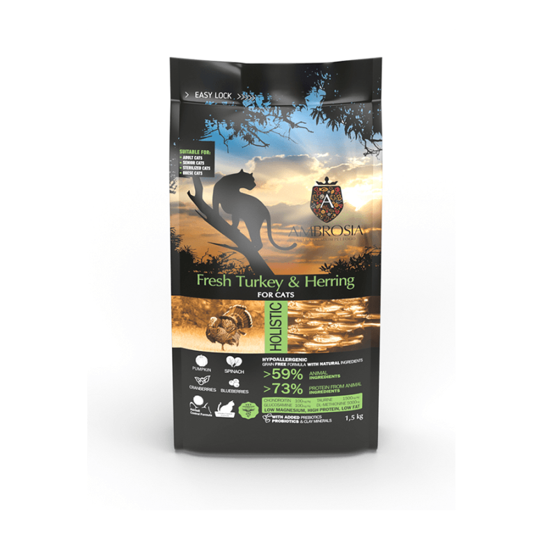 Ambrosia Teraviljavaba Värske Kalkuni ja Heeringaga kassidele 1,5kg Ambrosia Teraviljavaba Värske Kalkuni ja Heeringaga kassidele 1,5kg