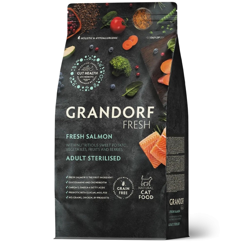 Grandorf Cat Fresh Värske Lõhe ja Bataat Täiskasvanud Steriliseeritud Kassidele 2kg Grandorf Cat Fresh Värske Lõhe ja Bataat Täiskasvanud Steriliseeritud Kassidele 2kg