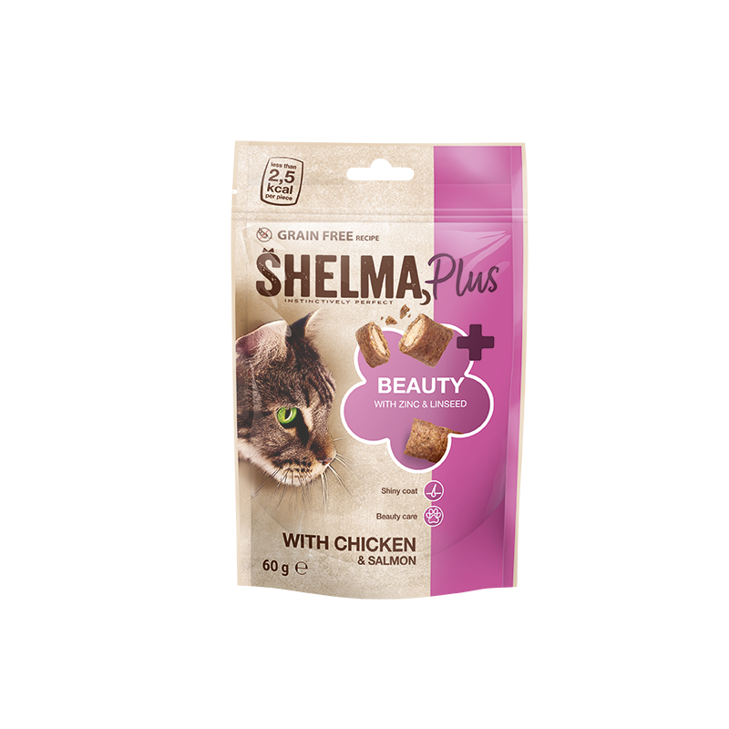 Shelma BEAUTY kana-ja lõhe täidisega padjakesed 60g Shelma BEAUTY kana-ja lõhe täidisega padjakesed 60g