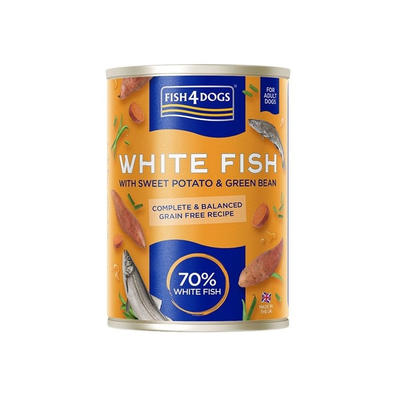 Fish4Dogs konserv koertele valge kala-bataat-rohelised aedoad 395g Fish4Dogs konserv koertele valge kala-bataat-rohelised aedoad 395g