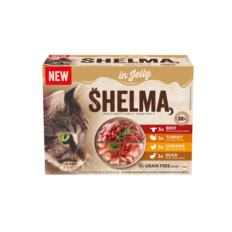Shelma kassieined lihaga zelees 12x85g veis,kana,part,kalkun