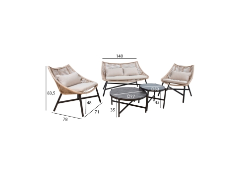 Aiamööblikomplekt HELSINKI diivan, 2 tooli ja 2 lauda, beež