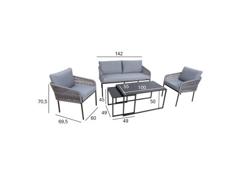 Aiamööblikomplekt LEVINE 2 lauda, diivan ja 2 tugitooli, hall