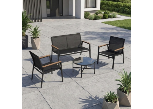 Aiamööblikomplekt CANAAN laud, pink ja 2 tooli, must