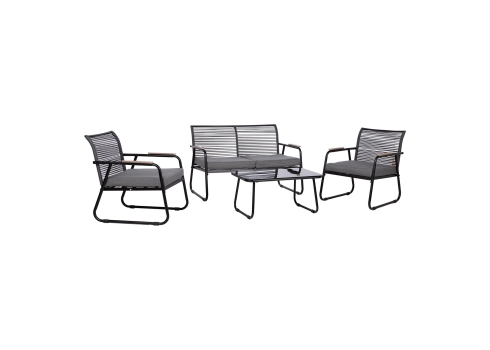 Aiamööblikomplekt MACOS laud, diivan ja 2 tooli, hall-must