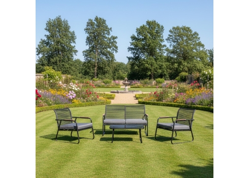 Aiamööblikomplekt MACOS laud, diivan ja 2 tooli, hall-must