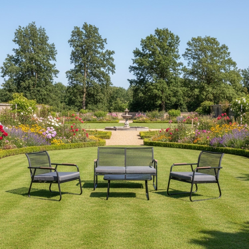 Aiamööblikomplekt MACOS laud, diivan ja 2 tooli, hall-must