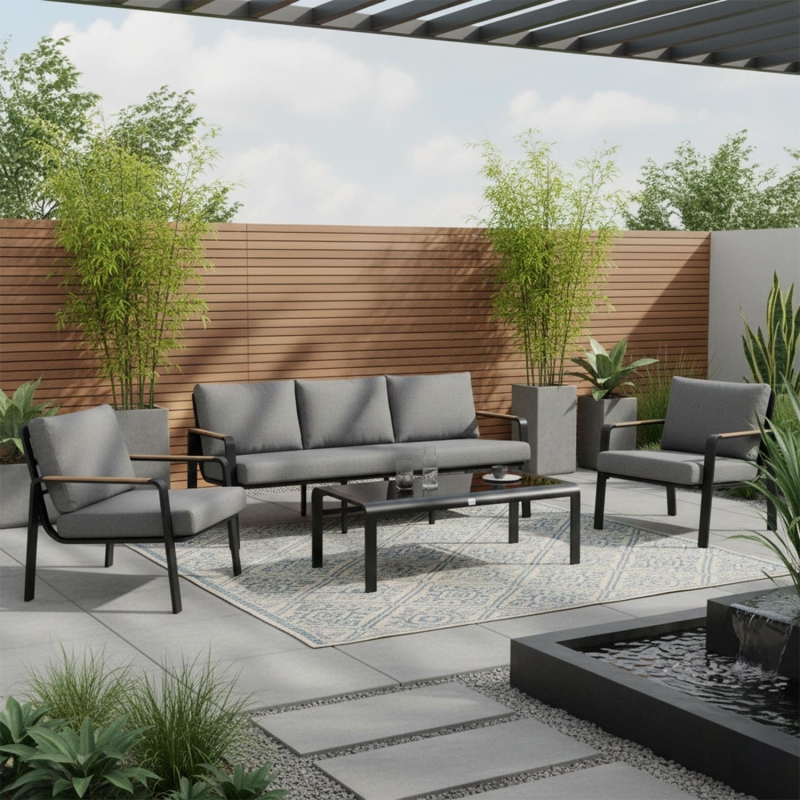 Aiamööblikomplekt LONA laud, diivan ja 2 tooli, hall-must