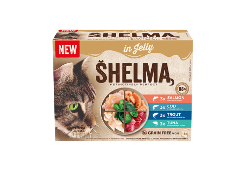 Shelma kassieined kalaga zelees 12x85g lõhe,forell,tursk,tuunikala