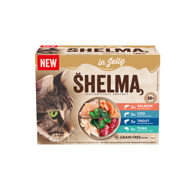 Shelma kassieined kalaga zelees 12x85g lõhe,forell,tursk,tuunikala