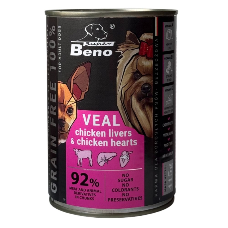 Super Beno konserv koerale veise, kodulinnu maksa ja südamega, tükid kastmes 10x415g